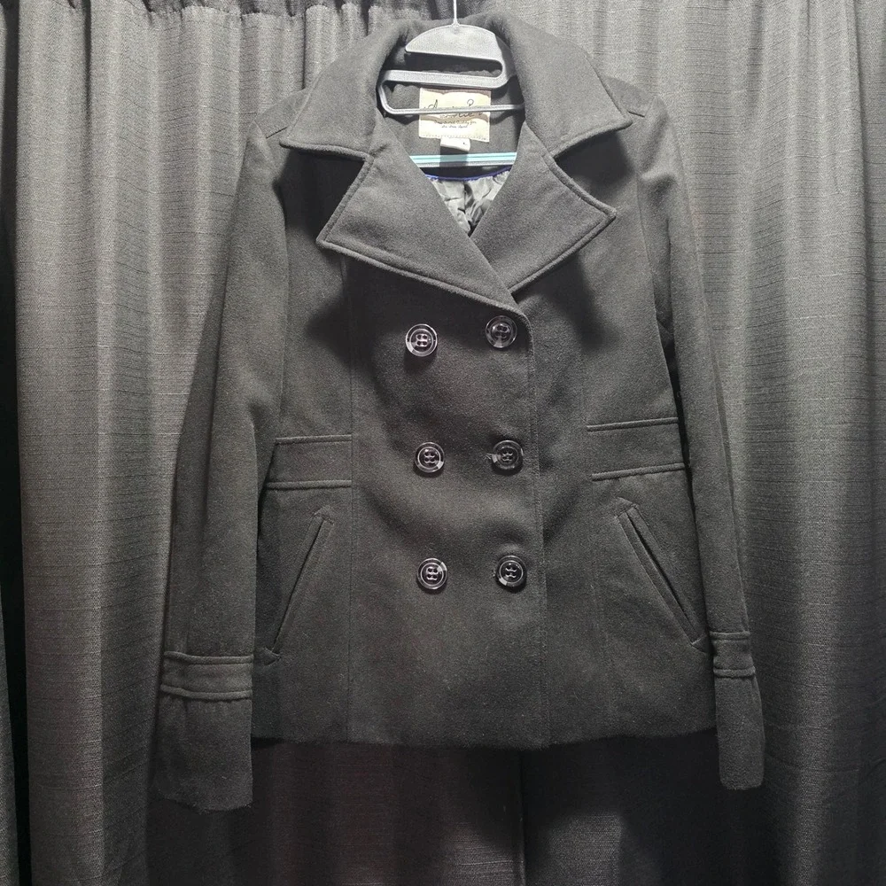 American Rag Cie Womens Black‎ Double Breasted Pea Coat Jacket Size L RN38843